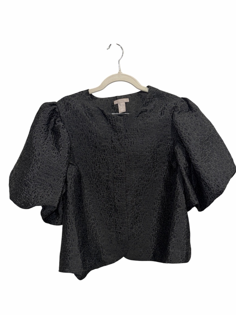 H&M Size L Black Jacquard Puff Sleeve Cropped Blouse Satin Lined Snap